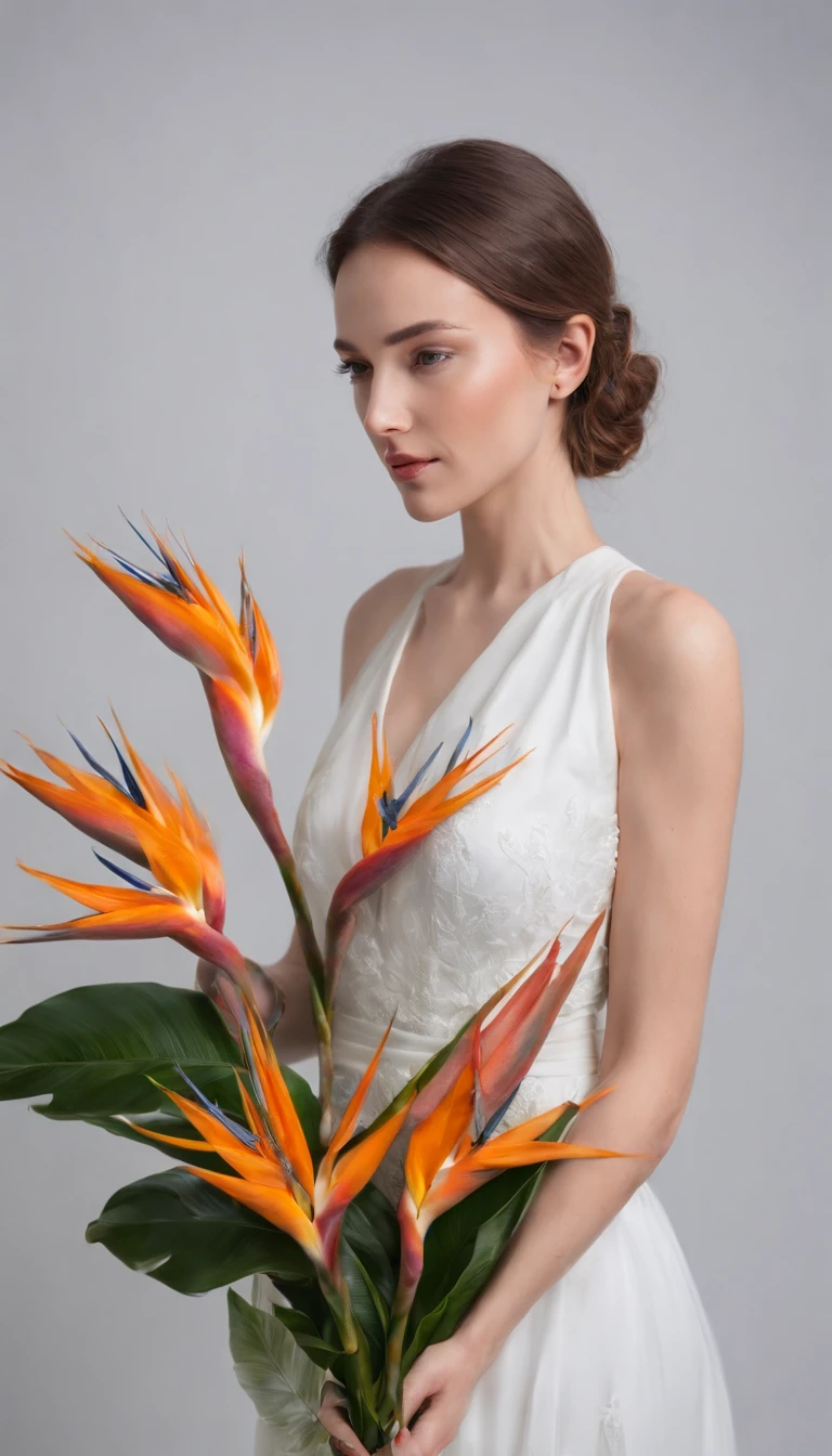 woman in white dress holds some bird of paradise flowers, studio lighting, side shot, white background, bold colors, in the style of ultrafine detail, high quality photo, medium body framing.
