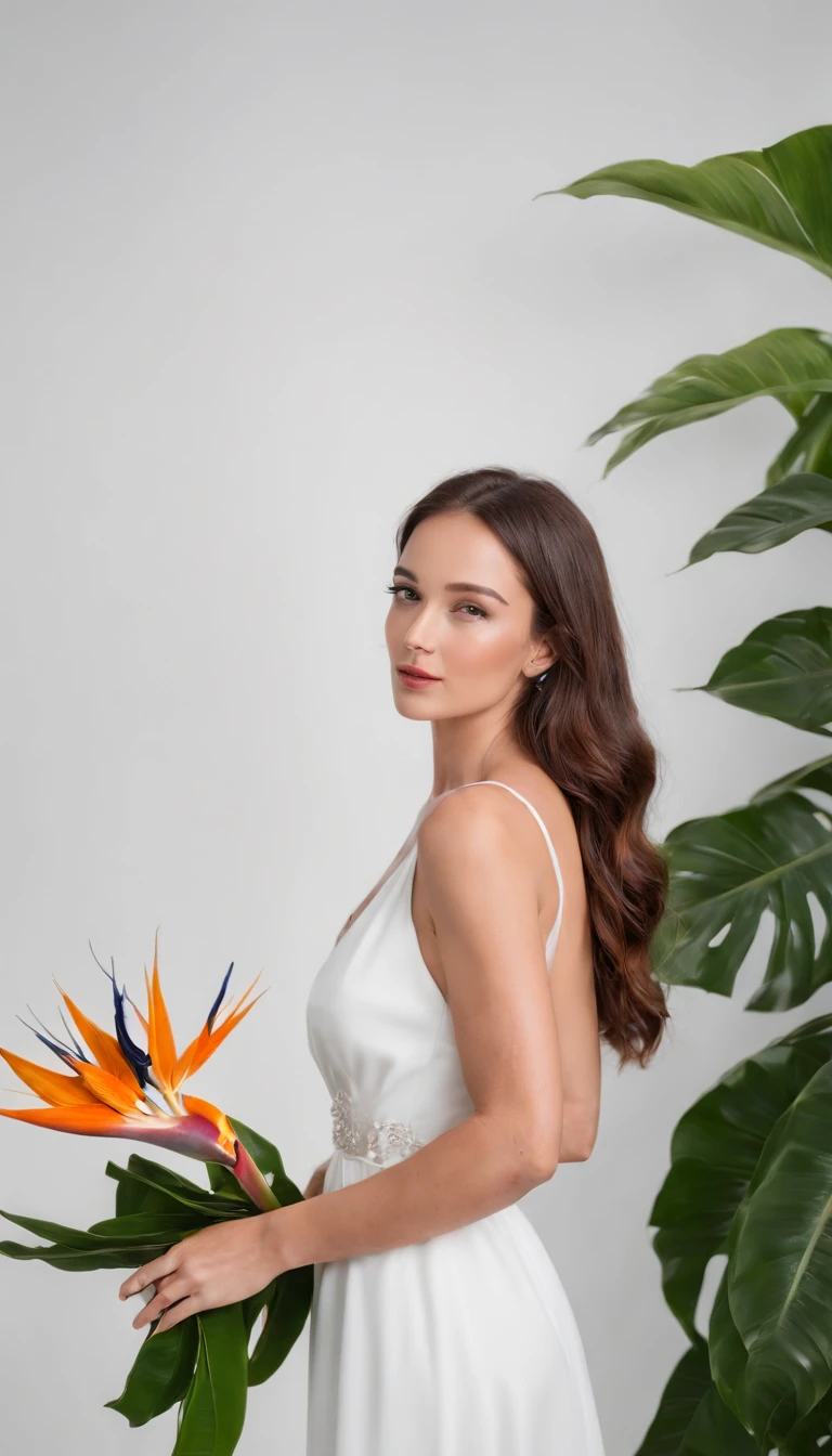 woman in white dress holds some bird of paradise flowers, studio lighting, side shot, white background, bold colors, in the style of ultrafine detail, high quality photo, medium body framing.