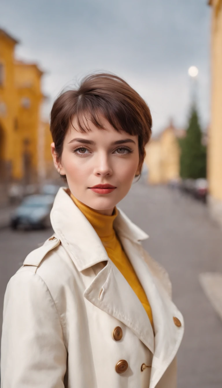short-haired woman dressed in retro white trench coat, 80s style photo, standing on a street, bokeh style, sunny day, yellow building in the background, style of ultrafine detail, high quality photo