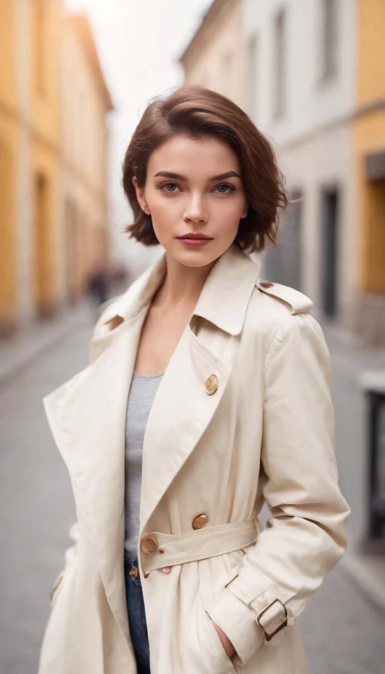 short-haired woman dressed in retro white trench coat, 80s style photo, standing on a street, bokeh style, sunny day, yellow building in the background, style of ultrafine detail, high quality photo