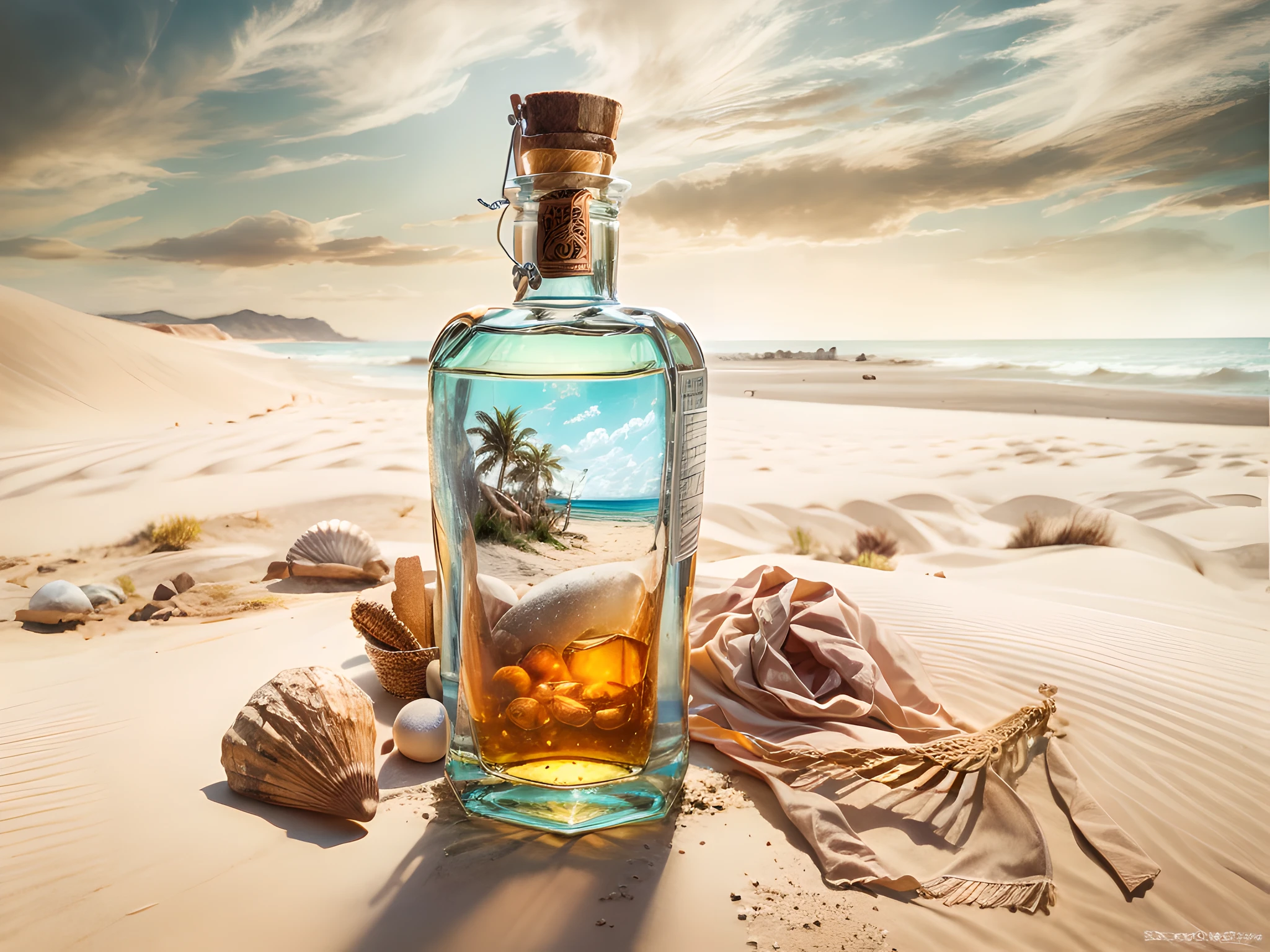 a picture of an ((empty)) bottle of an expensive Whiskey lying,  buried  (best details, Masterpiece, best quality :1.5) in the sands of an island, a lone palm tree, skeleton hand near the bottle  (best details, Masterpiece, best quality :1.5), sandy beach, sea shells spread  wavy sea background, best realistic, best details, best quality, 16k, [ultra detailed], masterpiece, best quality, (extremely detailed), ultra wide shot, photorealistic, depth of field, hyper realistic painting, wide angle shot