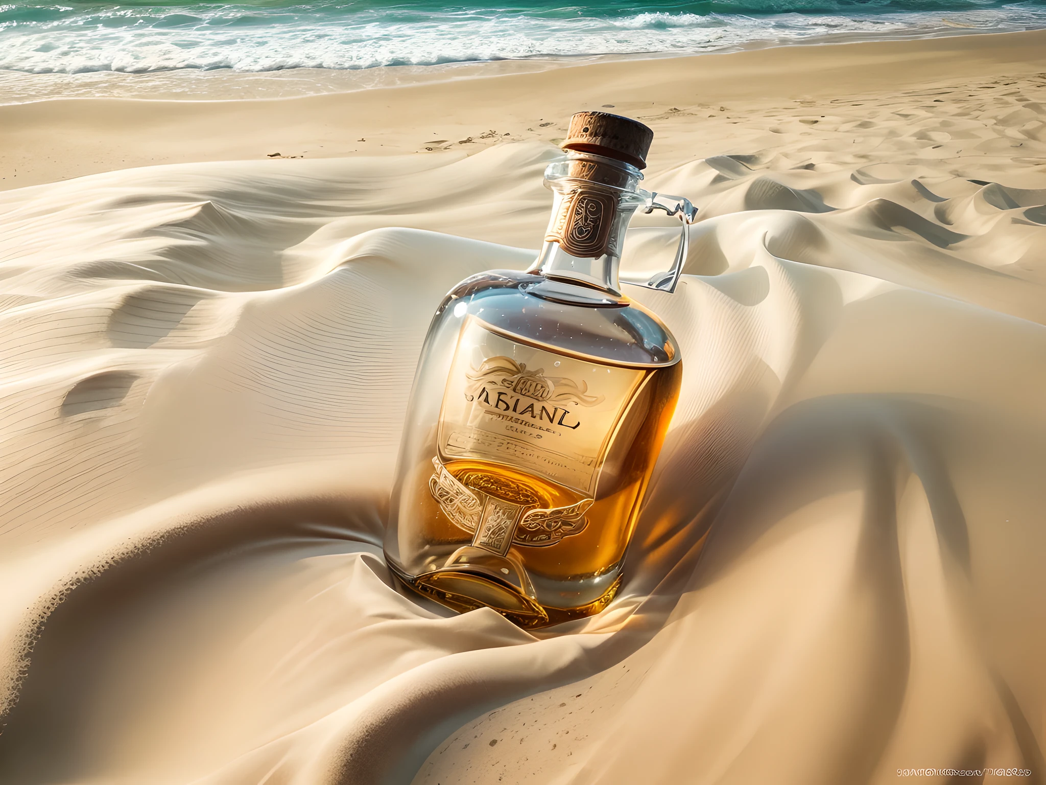 a picture of an ((empty)) bottle of an expensive Whiskey lying,  buried  (best details, Masterpiece, best quality :1.5) in the sands of an island, a lone palm tree, skeleton hand near the bottle  (best details, Masterpiece, best quality :1.5), sandy beach, sea shells spread  wavy sea background, best realistic, best details, best quality, 16k, [ultra detailed], masterpiece, best quality, (extremely detailed), ultra wide shot, photorealistic, depth of field, hyper realistic painting, wide angle shot