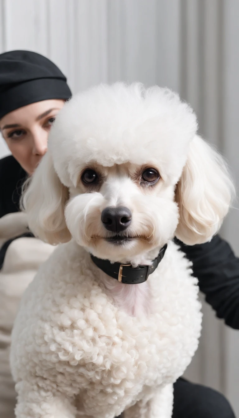 dog stylist dressed in black and beret, cuts the hair of a white poodle, white room, half length shot, high quality photo