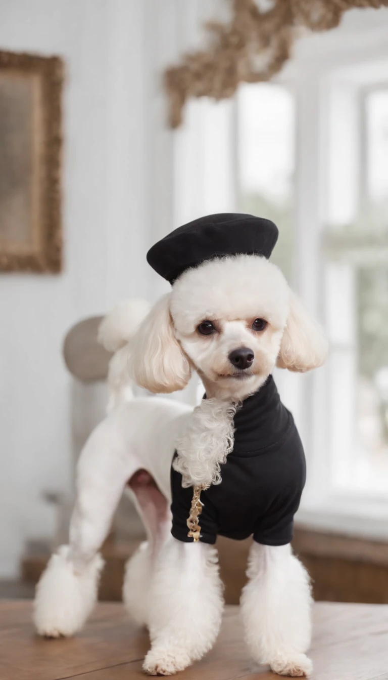 dog stylist dressed in black and beret, cuts the hair of a white poodle, white room, half length shot, high quality photo