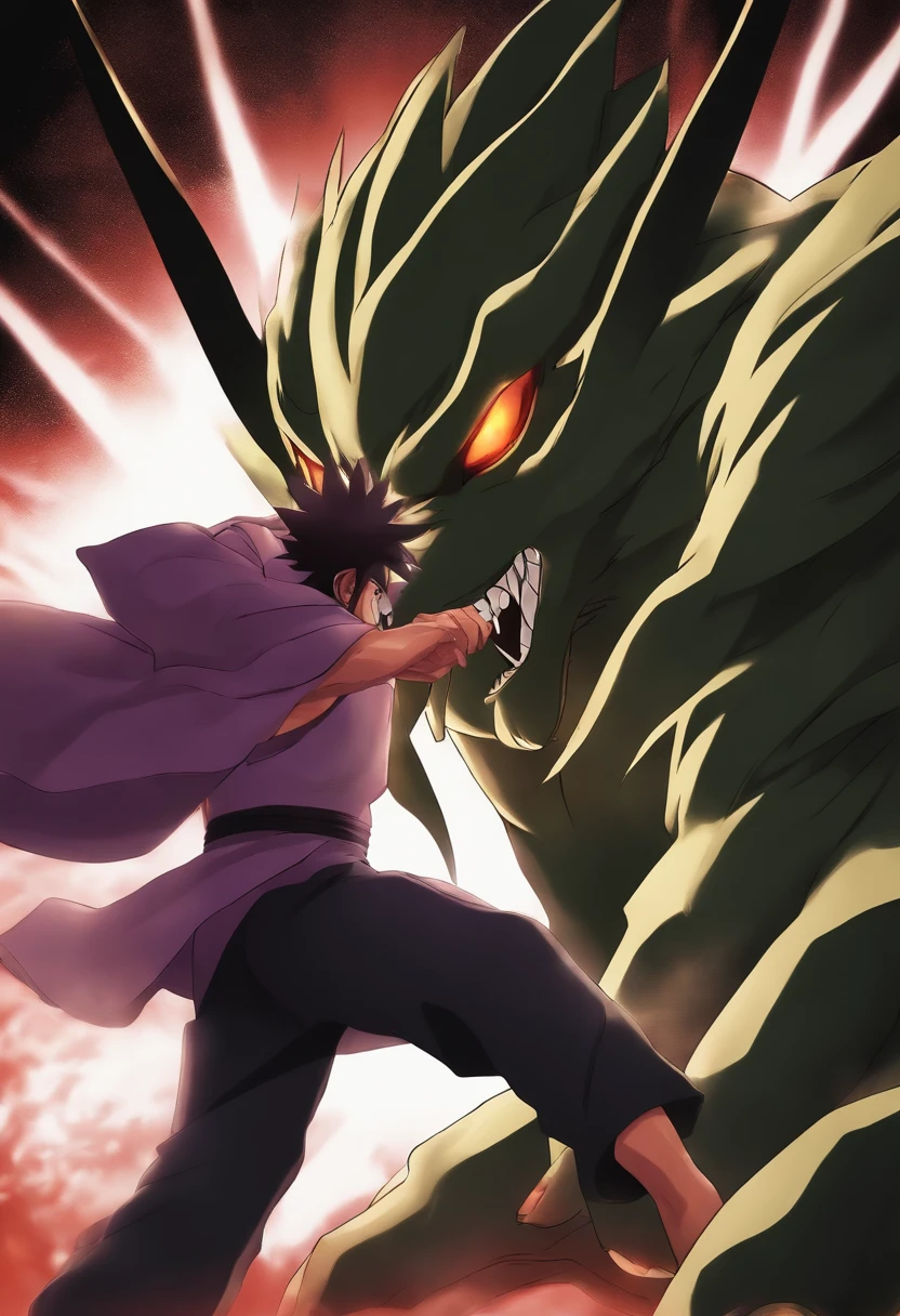 giant kurama looming in the background about to attack final boss, crazy eyes, eye catching, purple darkness, taller man behind him, naruto world