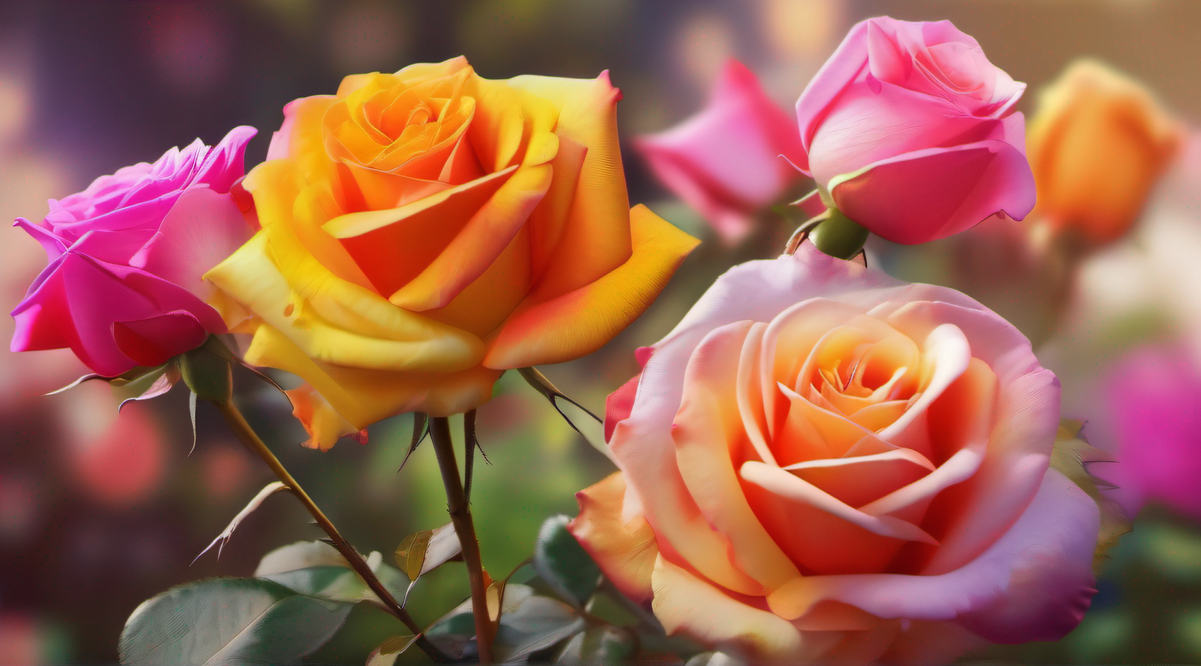 Many different color rose flowers in the garden and sunlight with bokeh, there are many different colored roses, (masterpiece, ultra quality, high resolution, 8k, intricate: 1.2), (masterpiece), (best quality:1)