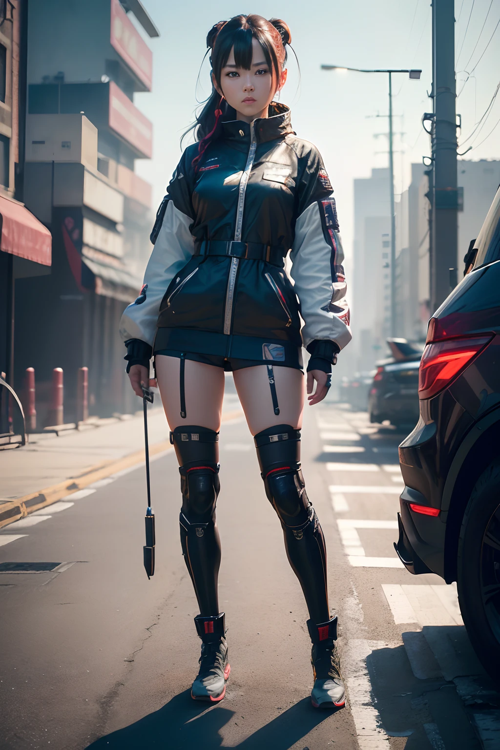 (Best quality, 4K, 超高分辨率, Masterpiece:1.2), Ultra-detailed, (Realistic, Photorealistic, photo-realistic:1.37), Cyberpunk female driver with robotic arm, mechanical leg, standing on your feet, full body shot shot, and subtle aerial views. one color background, no depth of field.