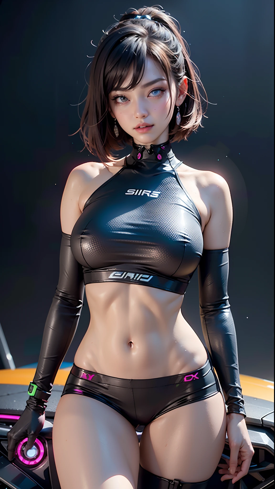 best qualtiy，tmasterpiece，A high resolution，1girl，Woman body defined thighs, cybernetic body parts，Short neon underwear，neon color clothes, bright clothes, sci-fy，Large breasts，Seductive pose, perfect eyes。A high resolution, 8k, Background bokeh, synthwave neon colors