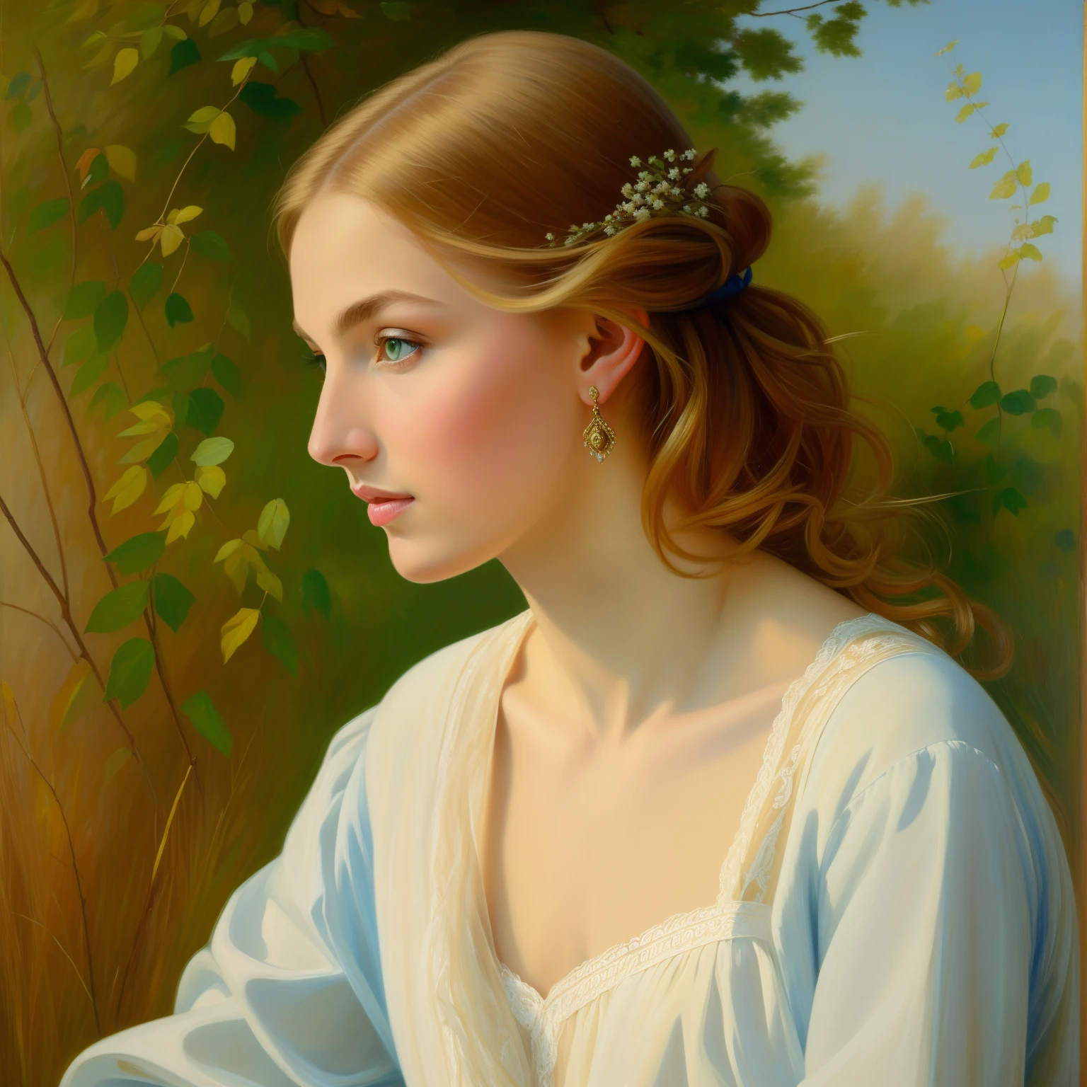 Nikolay Yaroshenko artist painting, light brown blonde 1 woman thin hair bob, andreea diaconu, slender, graceful figure, femininity, paint strokes, painting, 19 century, green eyes, blue shirt, natural landscape background, classic painting, tretyakov gallery, classic portrait, natural color, artistic brushstrokes