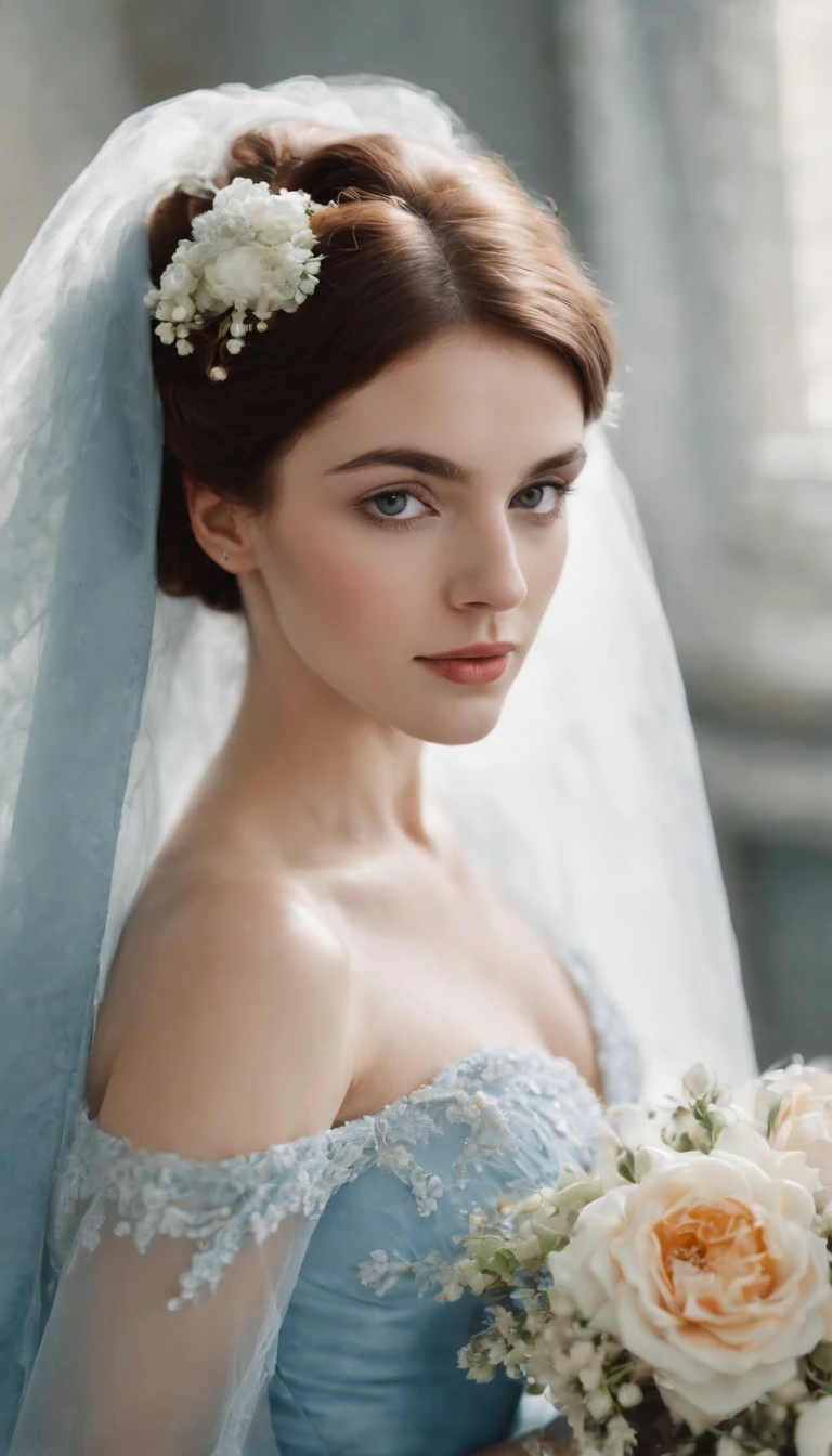 a young black and white bride with flower in her hair by alexander khudson, in the style of light sky-blue and dark azure, marc chagall, light blue and amber, folk/naïve:, loretta lux, photo taken with fujifilm superia, serene faces