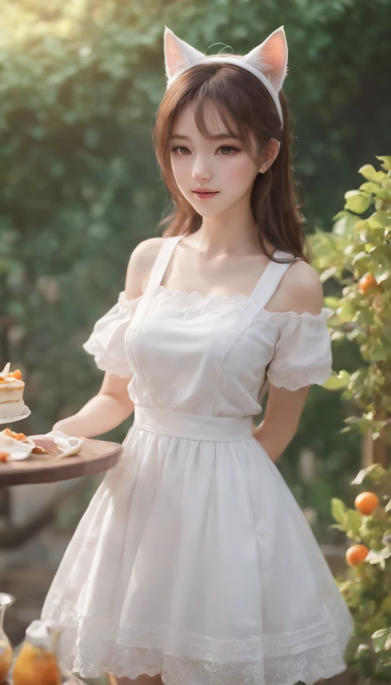 Anime cat ears girl standing in garden wearing white dress, Make breakfast in the kitchen,loli in dress, small curvaceous loli, Guviz-style artwork, Guweiz in Pixiv ArtStation, Guweiz on ArtStation Pixiv, Guviz, small li girl, Soft anime illustration, Anime visuals of cute girls, Detailed digital anime art、Cookinginthekitchen,