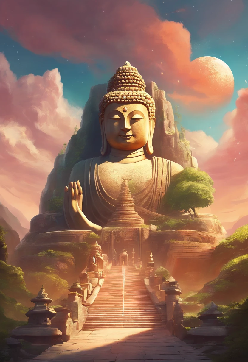 Huge stone Buddha statue，There are steps leading to it, Zen temples