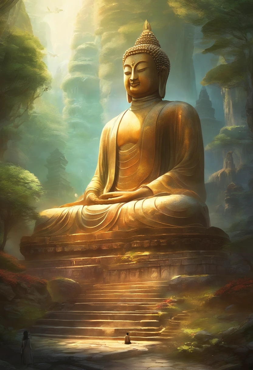A giant, Realistic depiction of Leshan Buddha, Blend seamlessly with nature, surrealism, Ultra-detailed, Photorealistic:1.37, 3D rendering of, Cinematic lighting, Divine light, Ultra-high definition, Masterpiece:1.2, Textured skin, Best quality, high resolution