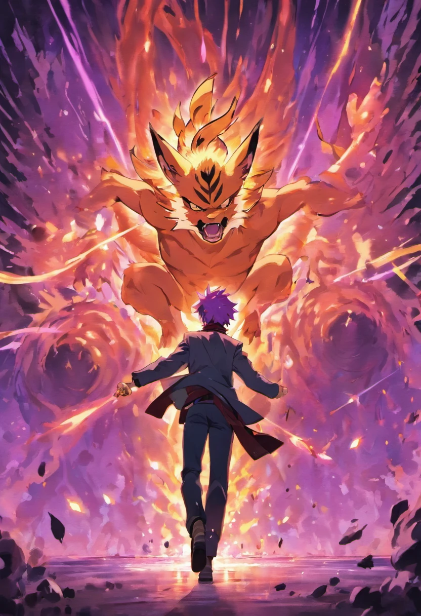 giant kurama looming in the background about to attack final boss, crazy eyes, eye catching, purple darkness, taller man behind him, naruto world