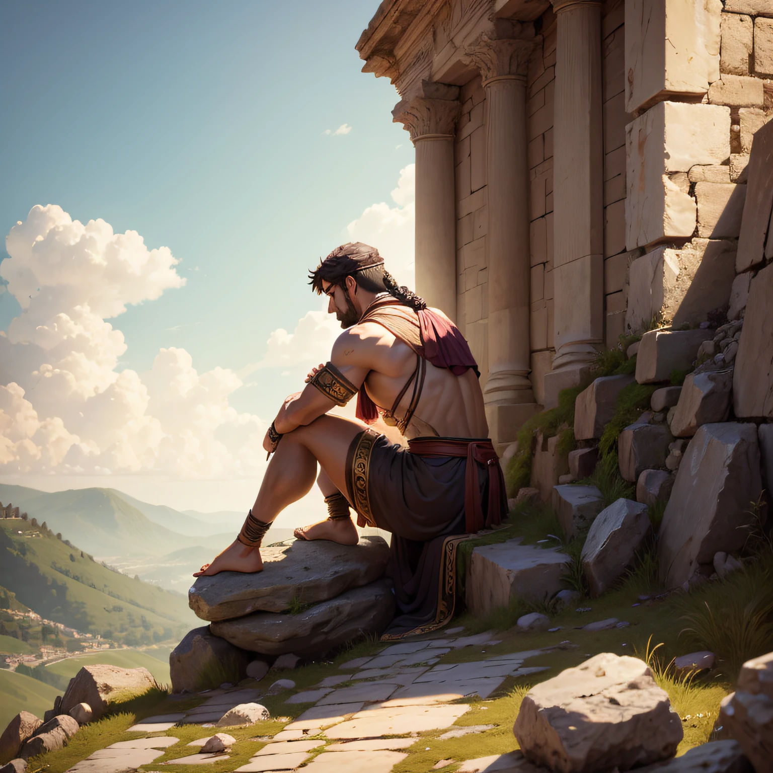 The Roman man Romulus from a side view shot standing on a stony hill