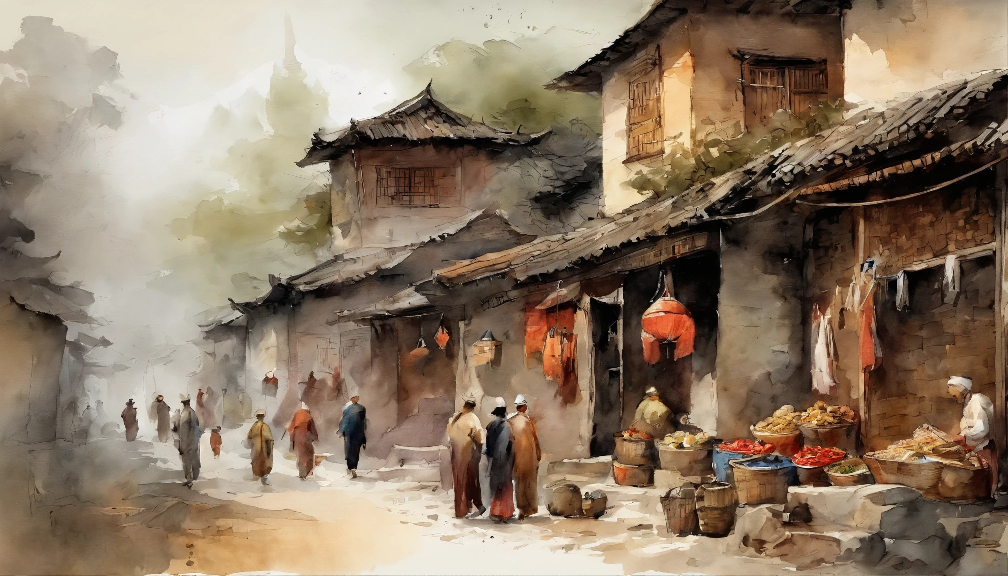 Chinese ink,Oriental ink style,The town street down the hill,of a guy,Roadside streets,Queue up to sell meat,Men work in stores,butcher shop,One-story building,Lower floors,Quadrangle,Courtyard type,super-fine,Carefully portrayed,high qulity,8K,