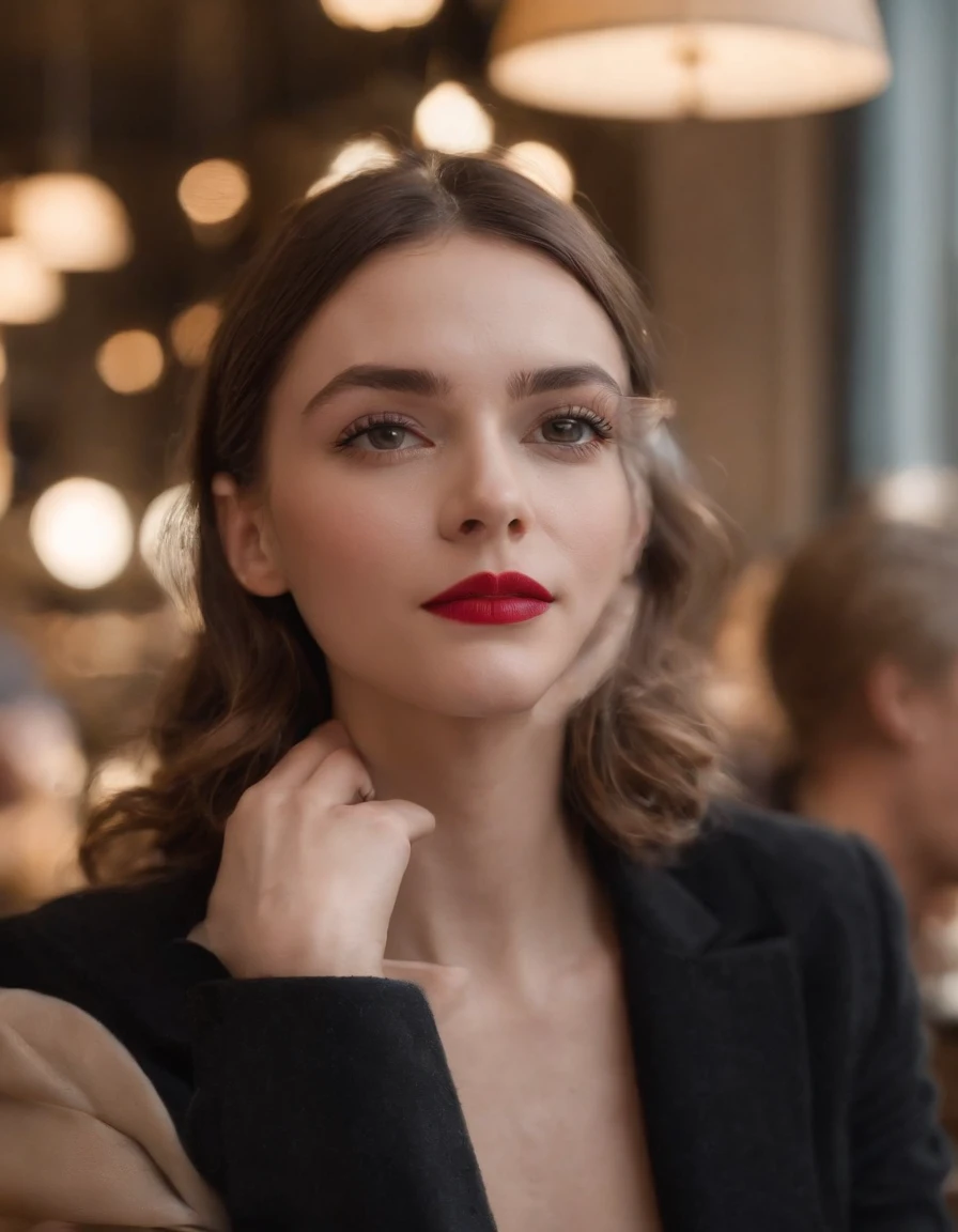 2010s fashion, medium close up, canon ef 85mm f/1.2l ii usm, A woman was sitting in a cafe. There was coffee on the table. Her hands were under the table,（There are no hands in the shot）， wearing a black jacket and red lips, emphasis on facial expression, street fashion