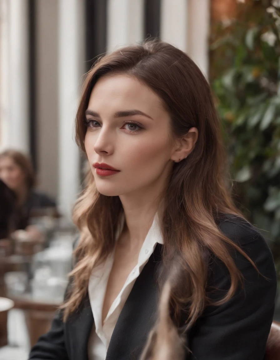 2010s fashion, medium close up, canon ef 85mm f/1.2l ii usm, A woman was sitting in a cafe. There was coffee on the table. Her hands were under the table,(There are no hands in the shot), wearing a black jacket and red lips, emphasis on facial expression, street fashion