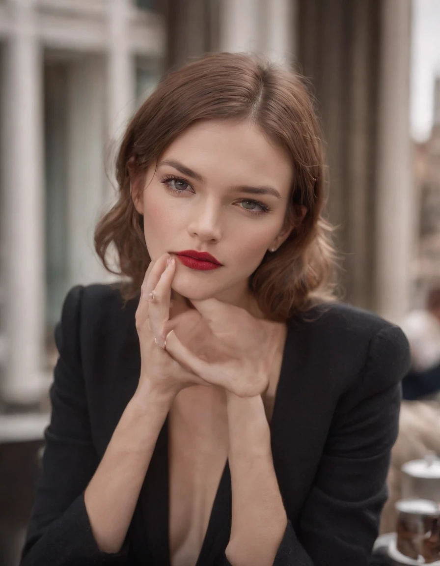 2010s fashion, medium close up, canon ef 85mm f/1.2l ii usm, A woman was sitting in a cafe. There was coffee on the table. Her hands were under the table,(There are no hands in the shot), wearing a black jacket and red lips, emphasis on facial expression, street fashion