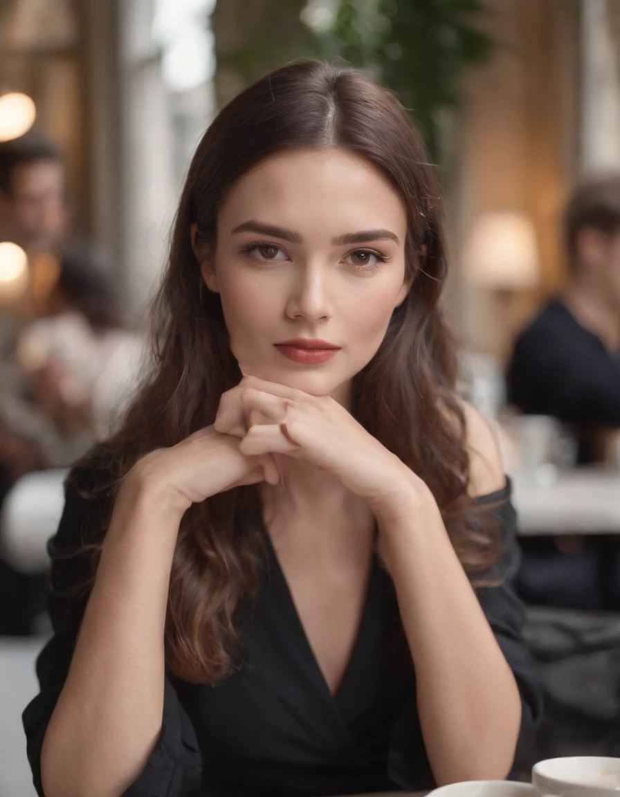 2010s fashion, medium close up, canon ef 85mm f/1.2l ii usm, A woman was sitting in a cafe. There was coffee on the table. Her hands were under the table,(There are no hands in the shot), wearing a black jacket and red lips, emphasis on facial expression, street fashion