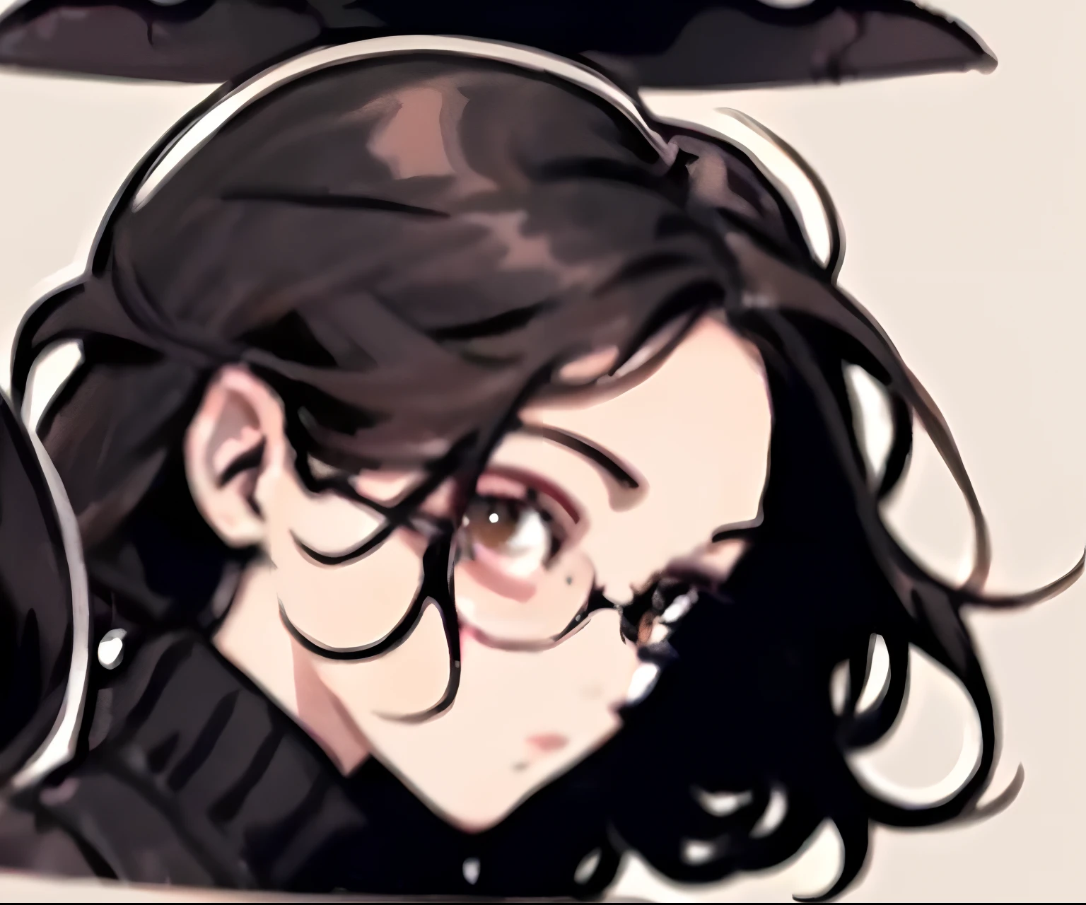 Anime girl with glasses and black top hat and black top, wavy long black hair and glasses, handsome guy in demon slayer art, Seinen Manga Portrait, avatar image, sui ishida with black hair, anime woman headshot profile, sui ishida art manga, valentina remenar, Junko Enoshima, detailed portrait of an anime girl, with glasses