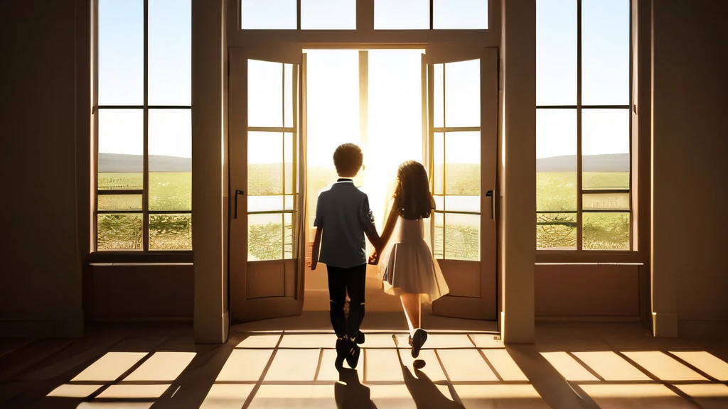 A boy and a girl are walking hand in hand in a big room, sunlight is coming through the window, beautiful nature outside the window