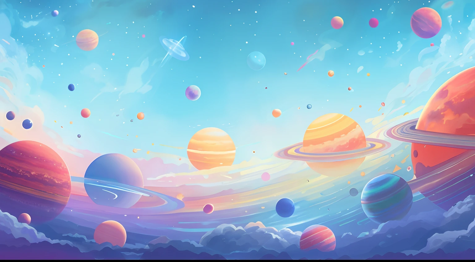 Colorful space scene illustration with planets and stars, planets in the background, planets behind, background artwork, cosmos sem fim no fundo, planets on the background, large planet in background, planet in the sky, Fantasy space, heaven planet in background, floating planets, planet in the sky, universe background, arte de fundo, Space landscape, planets and stars