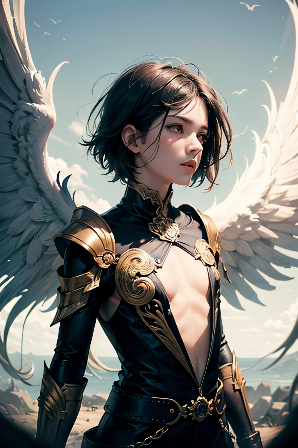 Unity 8k wall paper. Ultra Detail, Beautiful aesthetic, Masterpiece, 1boy, Black hair, ((Flat chest1.1)), Cute, Wings, Ultra high definition quality, Amazingly majestic high quality black outfit, Femboy, Magic, Spellweaving, Spellweaver, Soft face, Soft features, Youngish appearance, Short hair, Mid part, Boy, Fighting, Wings, Angelic, Feminine, Angel, Anime, Very cute, Commander, Aesthetic, Feminine boy, Spell caster, Magical