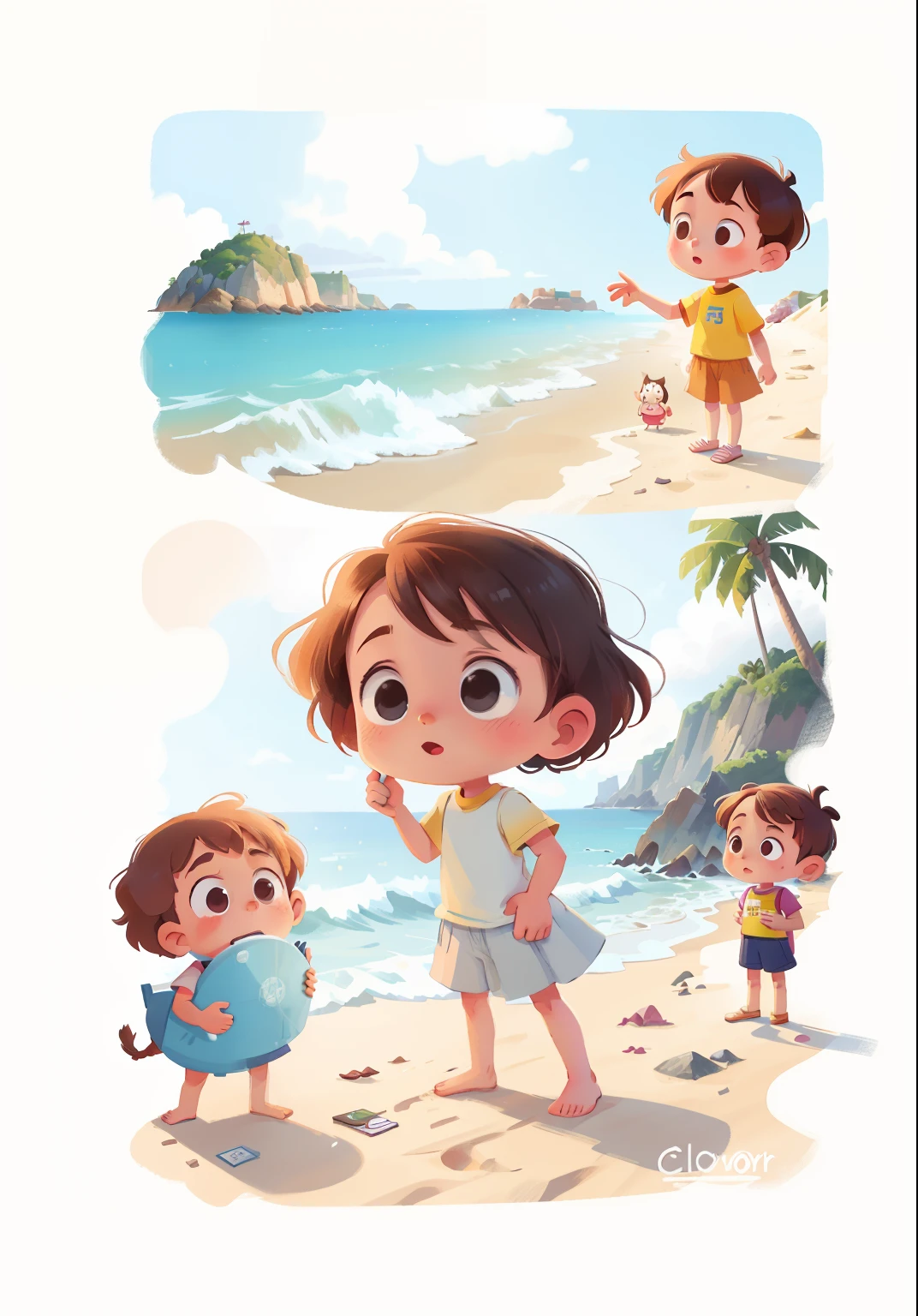 Cartoon picture close-up of a child on the beach, on  the  beach, standing at the beach, in beach, ???, Have by the sea, in the beach, Body parts, body parts, Girl, Detailed picture, beach, textbook illustration in clolour, Girl on the beach, jen zee, Children\'s book drawing, Seaside，Pure background