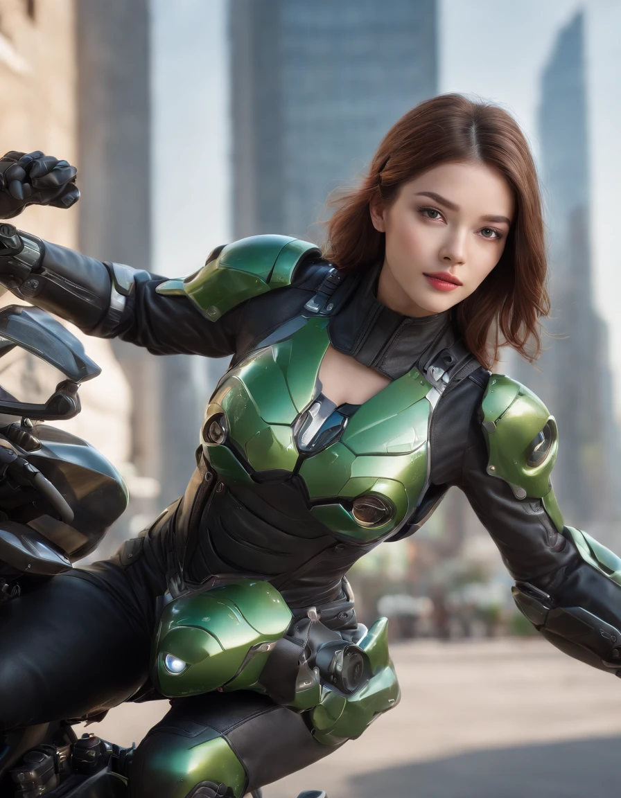 Highest image quality, outstanding details, ultra-high resolution, (realism: 1.4), the best illustration, favor details, highly condensed 1girl, with a delicate and beautiful face, dressed in a black and green mecha, wearing a mecha helmet, holding a directional controller, riding on a motorcycle, the background is a high-tech lighting scene of the future city. surreal illustration, surreal rendering, clean digital rendering, photo realistic rendering, product design concept, surreal illustration