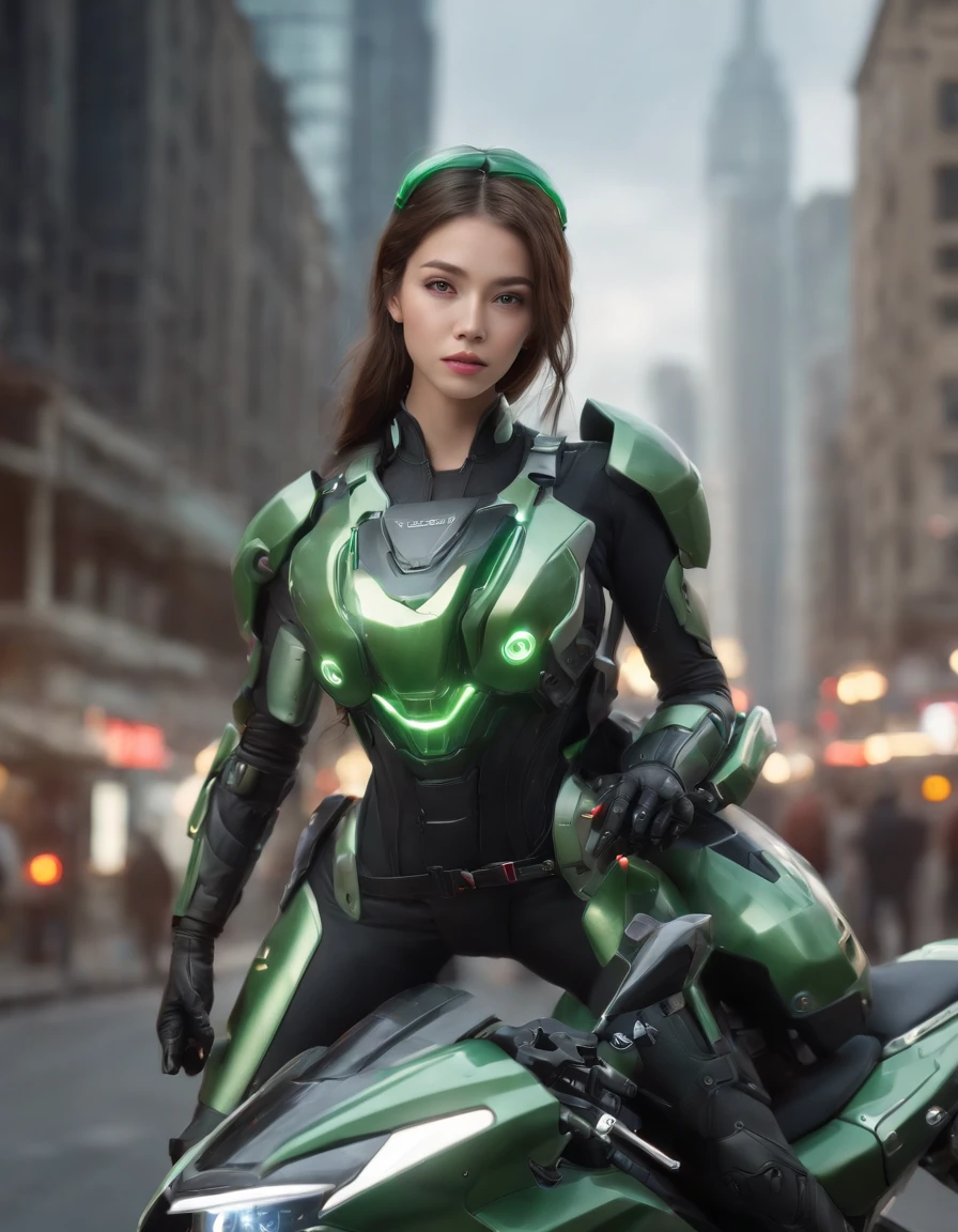 Highest image quality, outstanding details, ultra-high resolution, (realism: 1.4), the best illustration, favor details, highly condensed 1girl, with a delicate and beautiful face, dressed in a black and green mecha, wearing a mecha helmet, holding a directional controller, riding on a motorcycle, the background is a high-tech lighting scene of the future city. surreal illustration, surreal rendering, clean digital rendering, photo realistic rendering, product design concept, surreal illustration