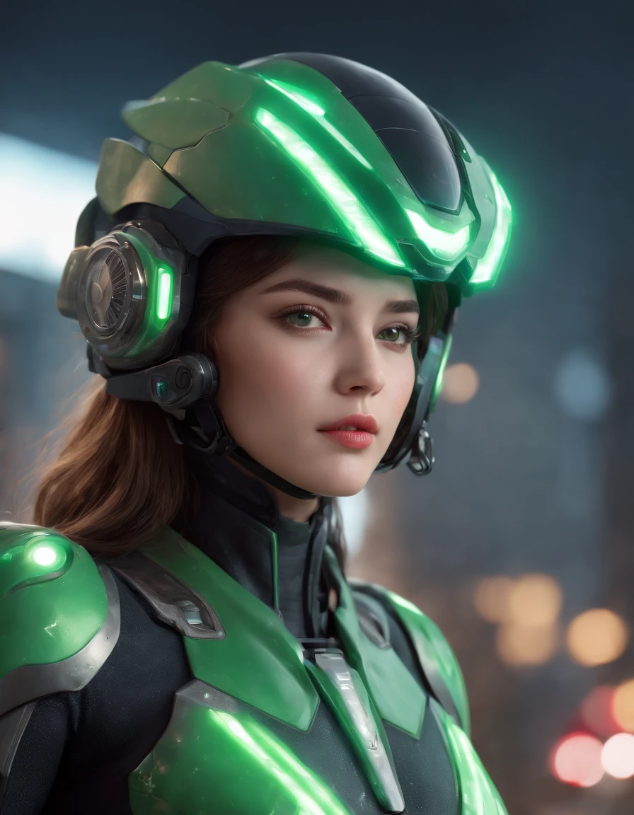 Highest image quality, outstanding details, ultra-high resolution, (realism: 1.4), the best illustration, favor details, highly condensed 1girl, with a delicate and beautiful face, dressed in a black and green mecha, wearing a mecha helmet, holding a directional controller, riding on a motorcycle, the background is a high-tech lighting scene of the future city. surreal illustration, surreal rendering, clean digital rendering, photo realistic rendering, product design concept, surreal illustration