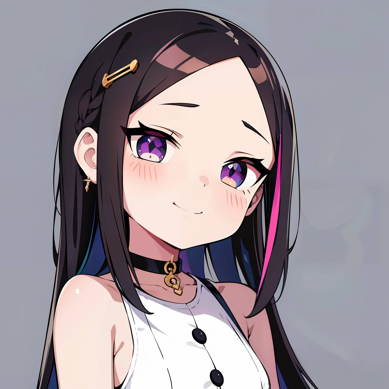 超A high resolution, NFFSW, Best-aesthetic, Best quality, masutepiece, Flat avatar, Perfect litthing、(extremely colorful、vivd colour: 1.4)、A dog、I'm using a computer, Has iridescent hair, is shy, A smile, hair adornments, tchibi, simple background, 耳Nipple Ring, jewely, side locks, Large oval eyes,Flat avatar, simple background, brunette color hair,
