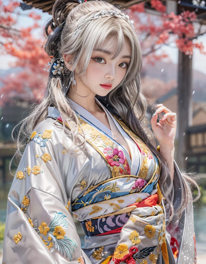 top-quality、masterpiece、超A high resolution、(Photorealsitic:1.4)、Raw foto、1 girl in、((white hair))、full body Esbian、large full breasts、Ultra exposed cleavage、erotick、Erotic look、gargantilha、二重まぶた、Loose and fluffy perm、semi long hair、Pleated skirt with slit、Staring at us with your whole body、Close up of black and white kimono and white flowers, a portrait inspired by Jin Homura, sōsaku hanga, hakama kimono, Anime Cosplay, Onmyoji, Komono,, high quality costume, intricate hakama, flowing magic robe, bath robe, Kimono, intricate geisha kimono