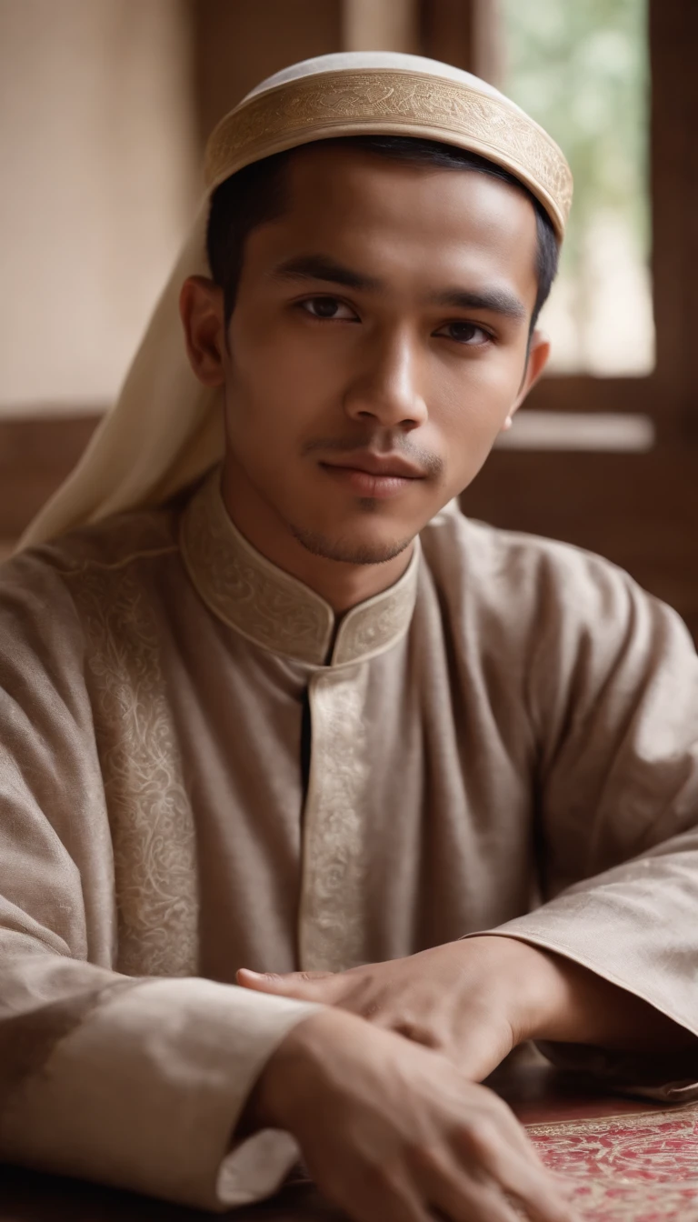 a young indonesian man sitiing on the desk with islamic gamis in dessert background