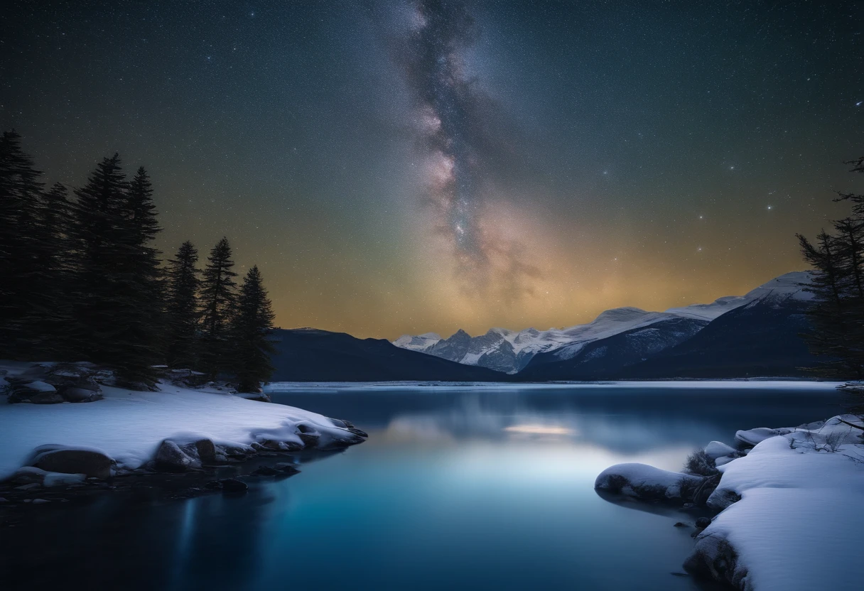 Master Parts、Superior Quality、superior image quality、The 8k quality、Beautiful pictures of the starry sky、magnifica、Arched Milky Way:1.9、Japan Alps、Blue glowing lake:1.9、(snowscape:1.9)