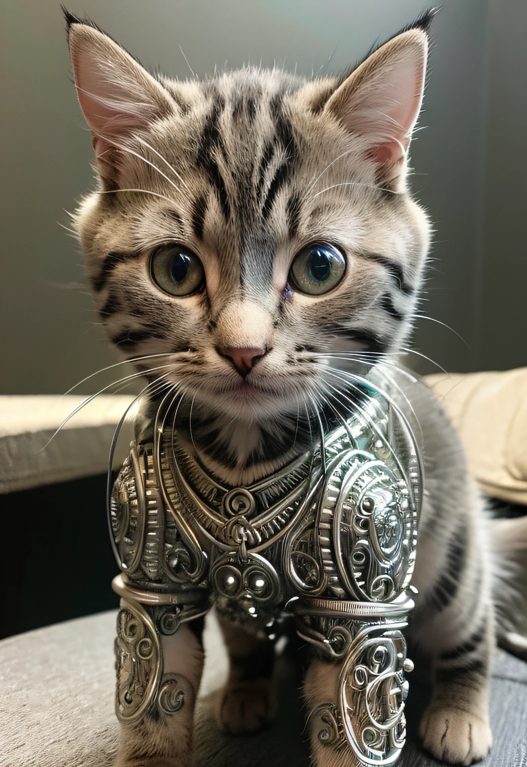 A cute kitten made out of metal, (cyborg:1.1), ([tail | detailed wire]:1.3), (intricate details), HDR, (intricate details, hyperdetailed:1.2), cinematic shot, vignette, centered