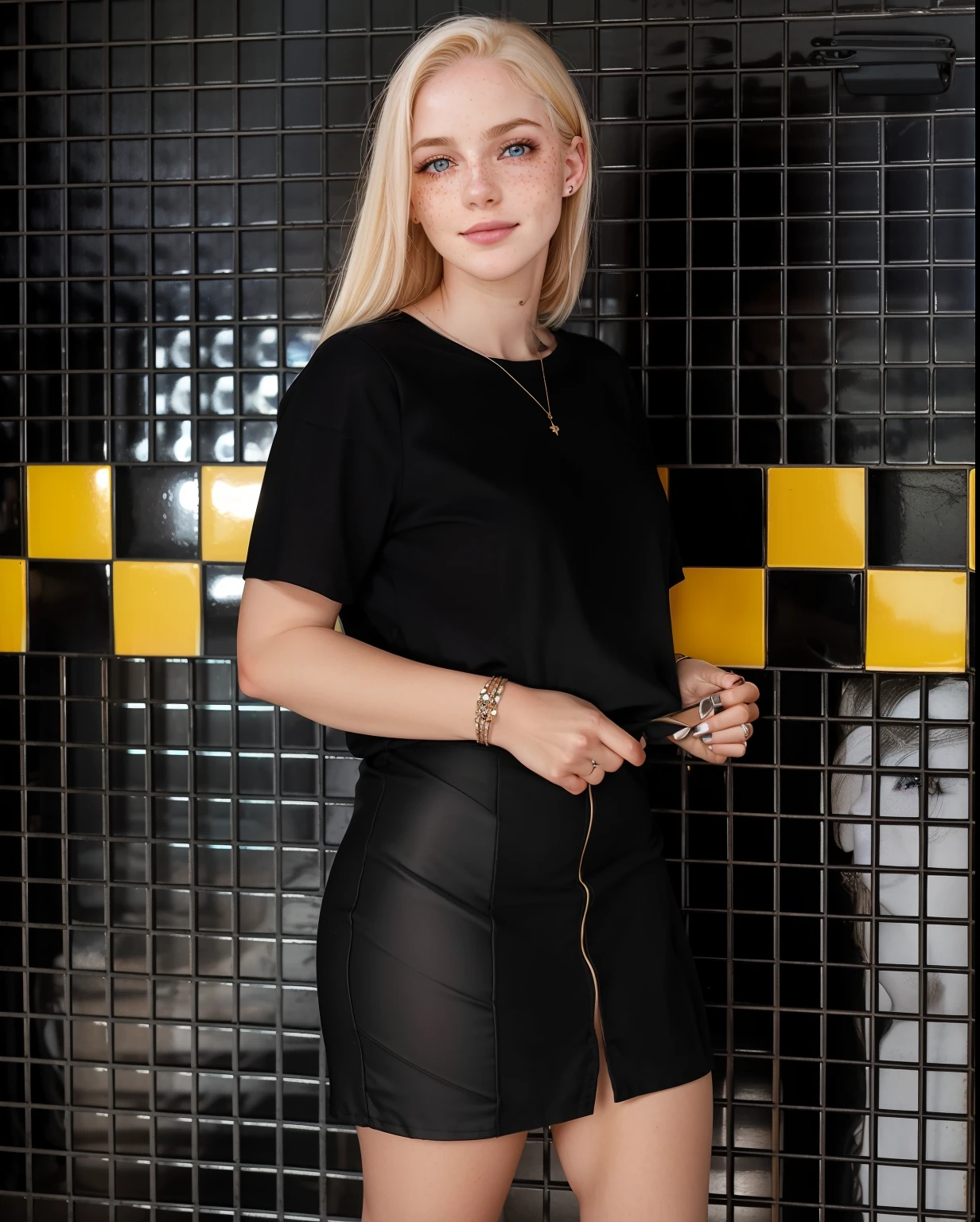 Rosto de uma mulher, americana, 25 anos, pale skin and freckles, olhos cinzas, nariz delicado, soft and delicate lips, cabelo blondie cinza longo ondulado, sorriso meigo