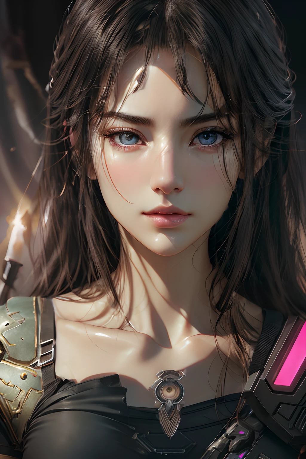 Female android face in beautiful porcelain profile、(photoRealstic:1.4)、(hyper realisitic:1.4)、(reallistic:1.3)、(Smooth lighting:1.05)、(Improved cinematic lighting quality:0.9)、32K、1girl in、20 years girl、Realistic lighting、Back lighting、Facial Lights、Ray tracing、(brightened light:1.2)、(Quality Improvement:1.4)、(Realistic textured skin of the highest quality:1.4)、fine detailed eyes、A detailed face、Fine quality eye、(Tired, sleepy and satisfied: 0.0)、Face Close-up、tshirts、(enhance the atmosphere of body line:1.1)、(Increase the beauty of skin texture:1.1),