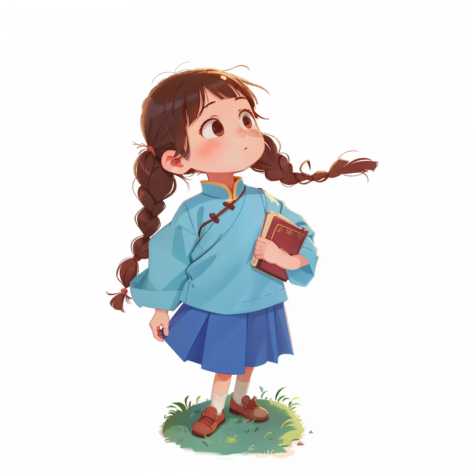 Cartoon girl with book in hand, Chinese girl, Female explorer mini cute girl, children illustration, Girl standing, cute character, inspired by Chen Daofu, character is in her natural pose, small girl, inspired by Mei Qing, girl in uniform, Girl with brown hair, in a blue qipao, Character illustration, 2D illustration