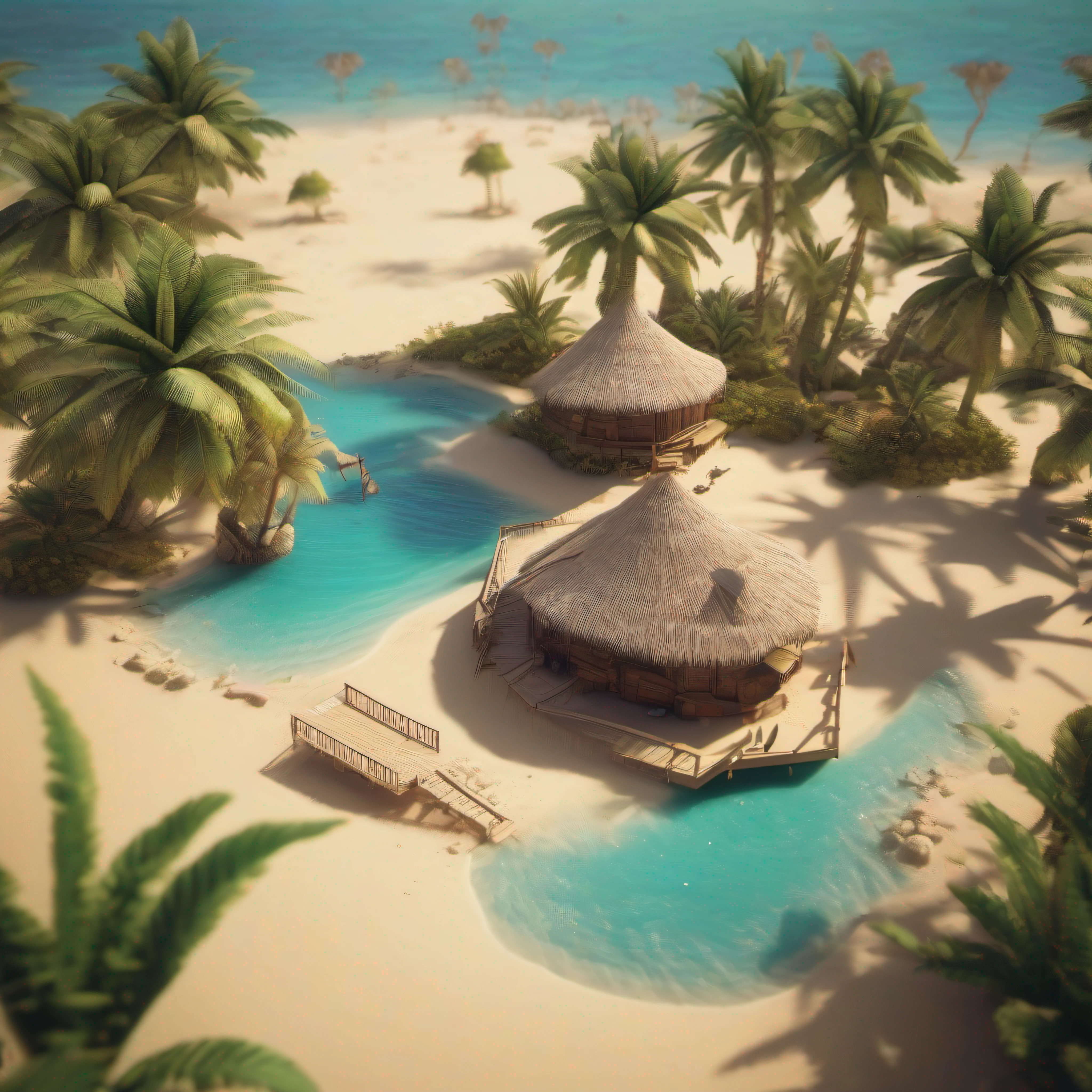 ((8k masterpiece, best quality:1.2)), absurdres Isometric_Setting, desert island, tropical beach and palm trees, 1 tiny hut, ocean in background, sharks circling,
