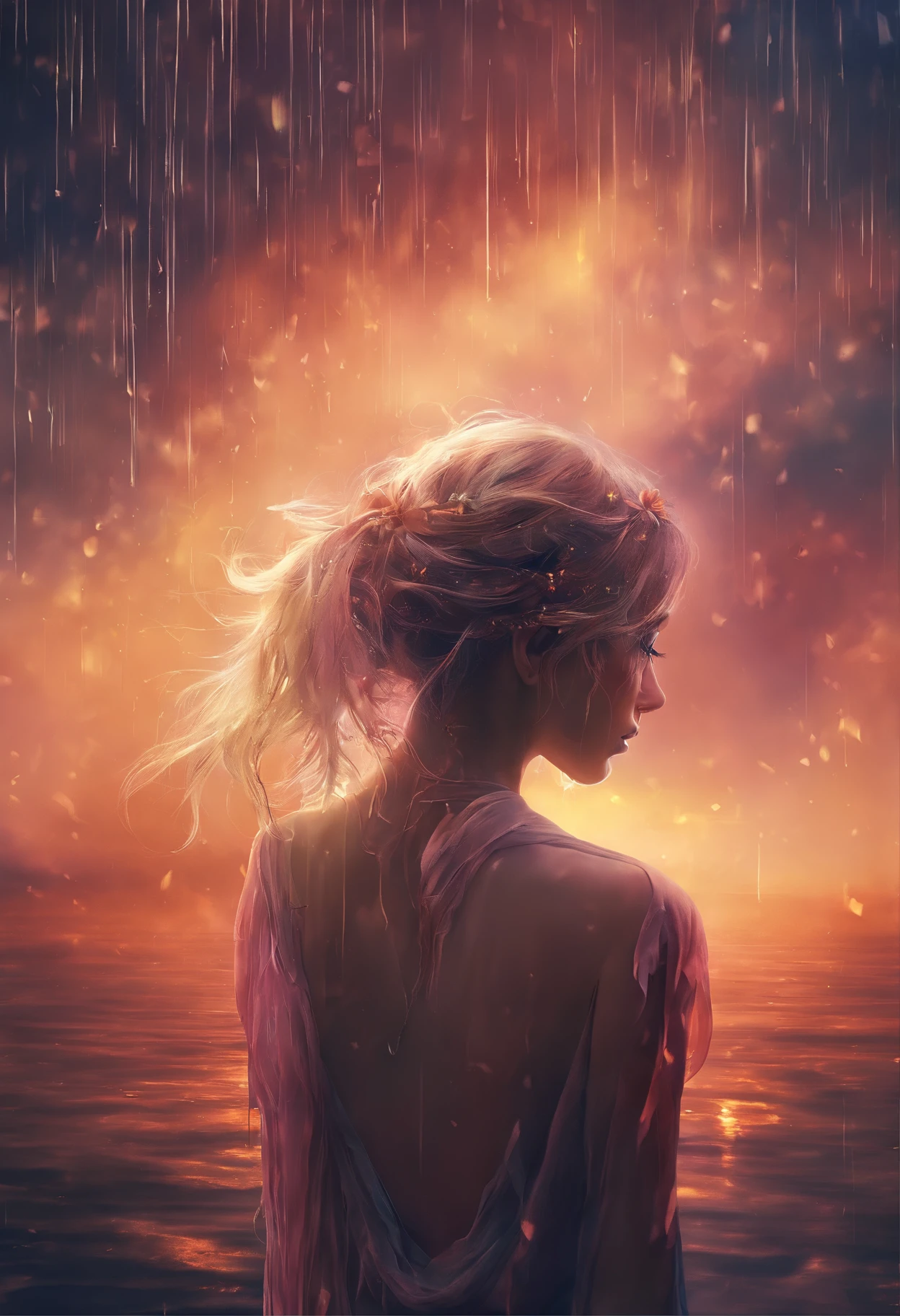 Sad girl,cry,darkness,Rain sky,。.。.。.。.。.。.。.。.。.。.。.。.。.。.。.。.。.。.。.。.。.。.。.。.。.。.3D,Upscale,hard disk,Blonde short,is crying,with his back turned