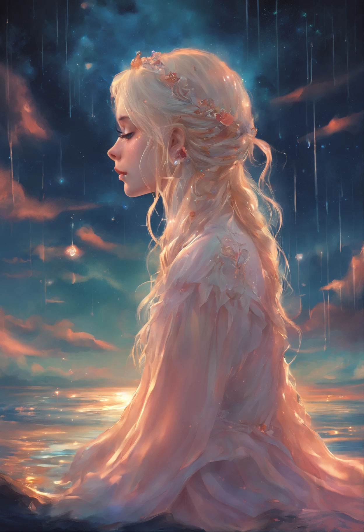 Sad girl,cry,darkness,Rain sky,。.。.。.。.。.。.。.。.。.。.。.。.。.。.。.。.。.。.。.。.。.。.。.。.。.。.3D,Upscale,hard disk,Blonde short,is crying,with his back turned
