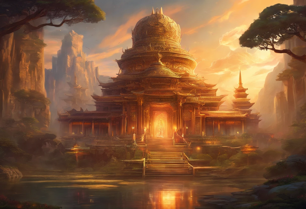 A huge Buddha statue，Zen temple background, buddhist art, enlightening. Intricate, buddhist architecture, 8K high quality detailed art, Extremely high detail