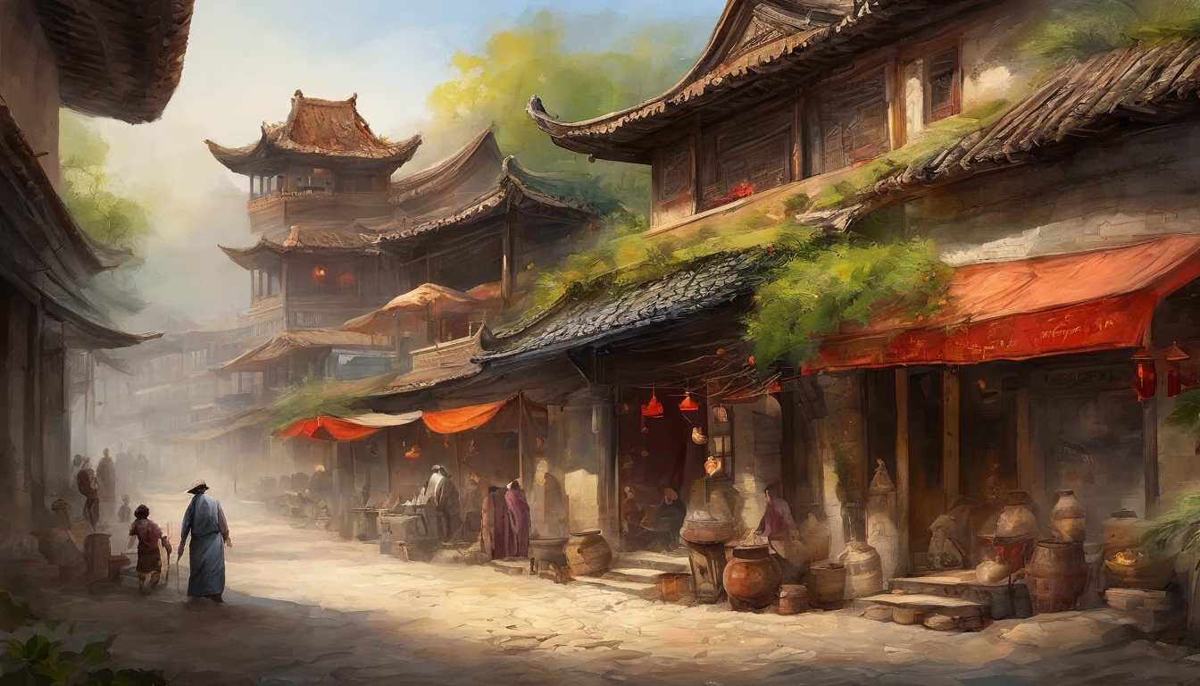 Chinese ink，Oriental ink style，The town street down the hill，of a guy，Roadside streets，Queue up to sell meat，Men work in stores，butcher shop，One-story building，Lower floors，Quadrangle，Courtyard type，super-fine，Carefully portrayed，high qulity，8K，