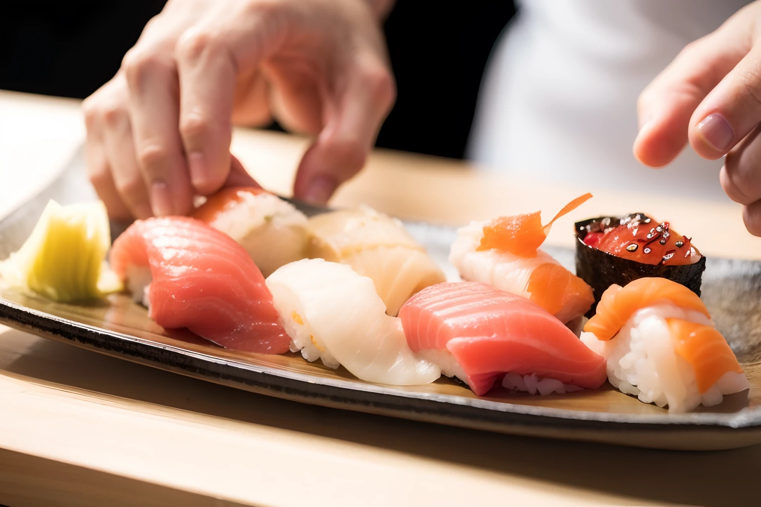A sushi chef puts sushi on a plate, eating sushi, Sushi, japanese fusion cuisine, style of shuzo oshimi, hajime katoki, koji morimoto shinjuku, momoshiki ōtsutsuki, Fillet technique, offering a plate of food, kantoku, kakejiku, asao urata