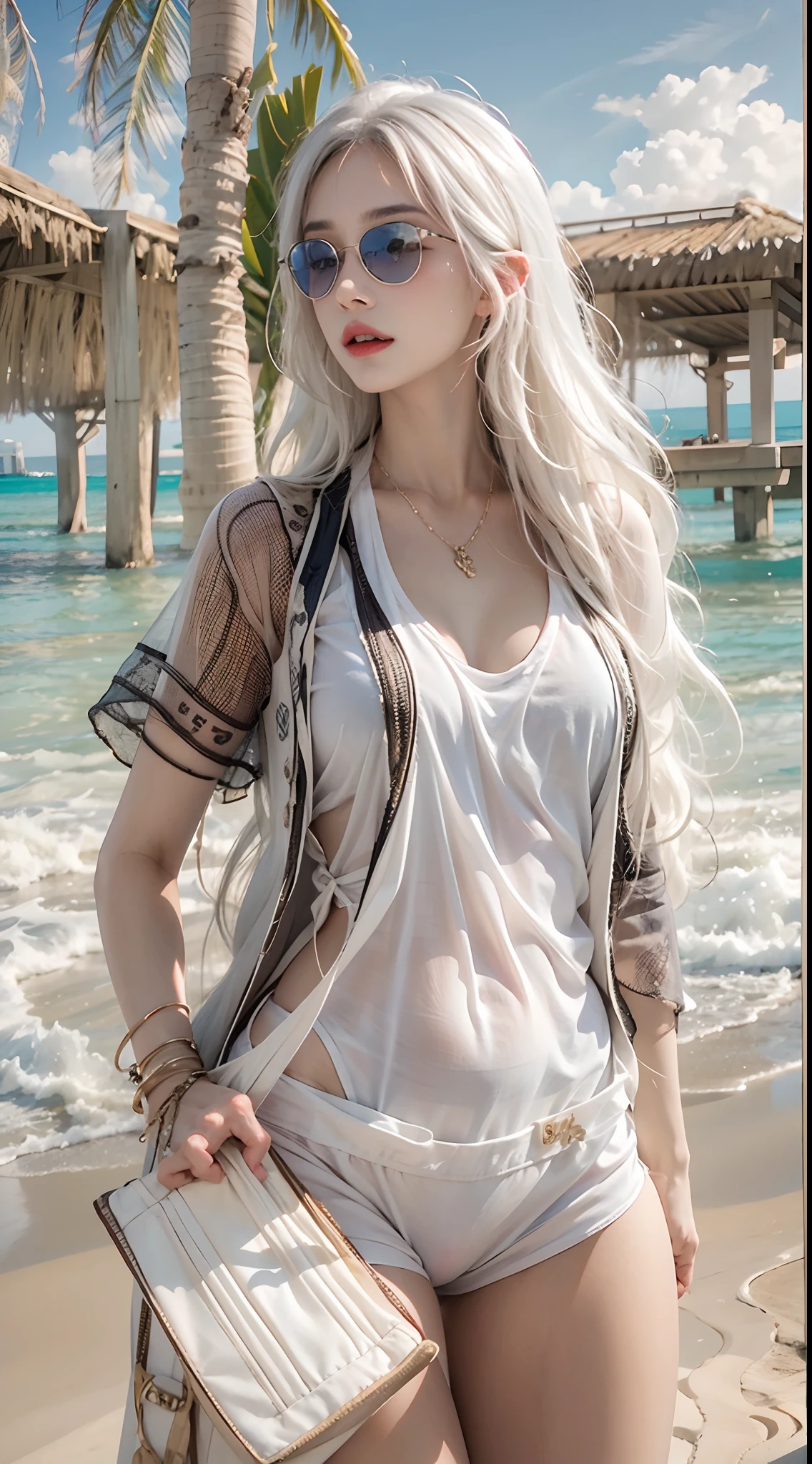 photorealistic, high resolution, 1women, mature female, solo, hips up, long hair, tattoo, white hair, sun glasses, swimsuit, beach