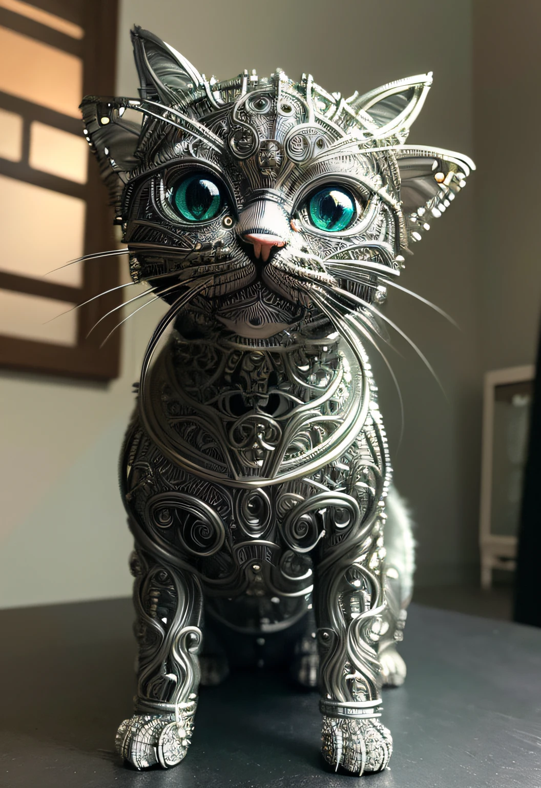A cute kitten made out of metal, (cyborg:1.1), ([tail | detailed wire]:1.3), (intricate details), HDR, (intricate details, hyperdetailed:1.2), cinematic shot, vignette, centered