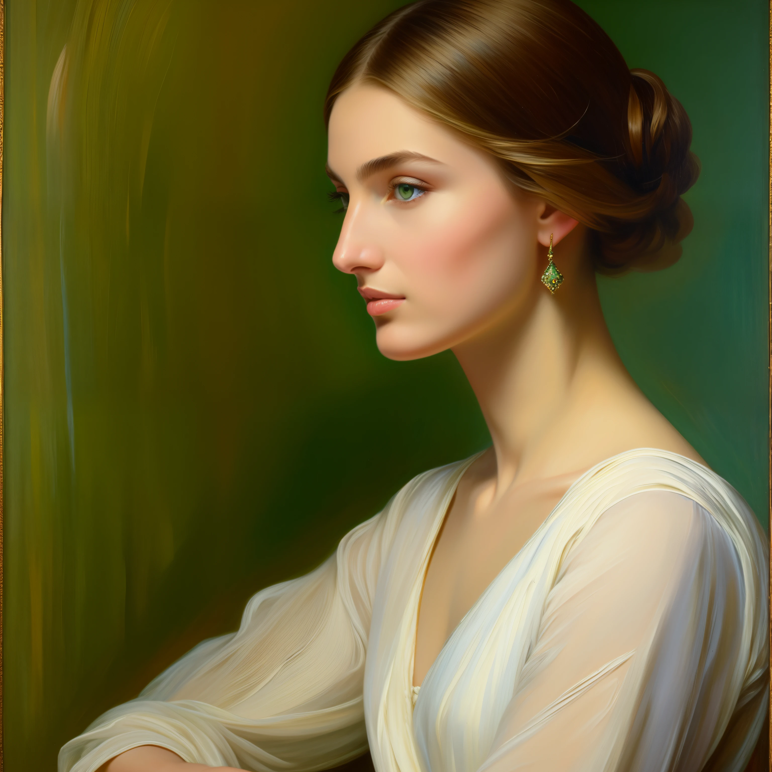 Nikolay Yaroshenko artist painting, light brown woman thin hair bob, andreea diaconu, slender, graceful figure, femininity, paint strokes, painting, 19 century, green eyes, blue shirt, classic painting, tretyakov gallery, classic portrait, natural color, artistic brushstrokes