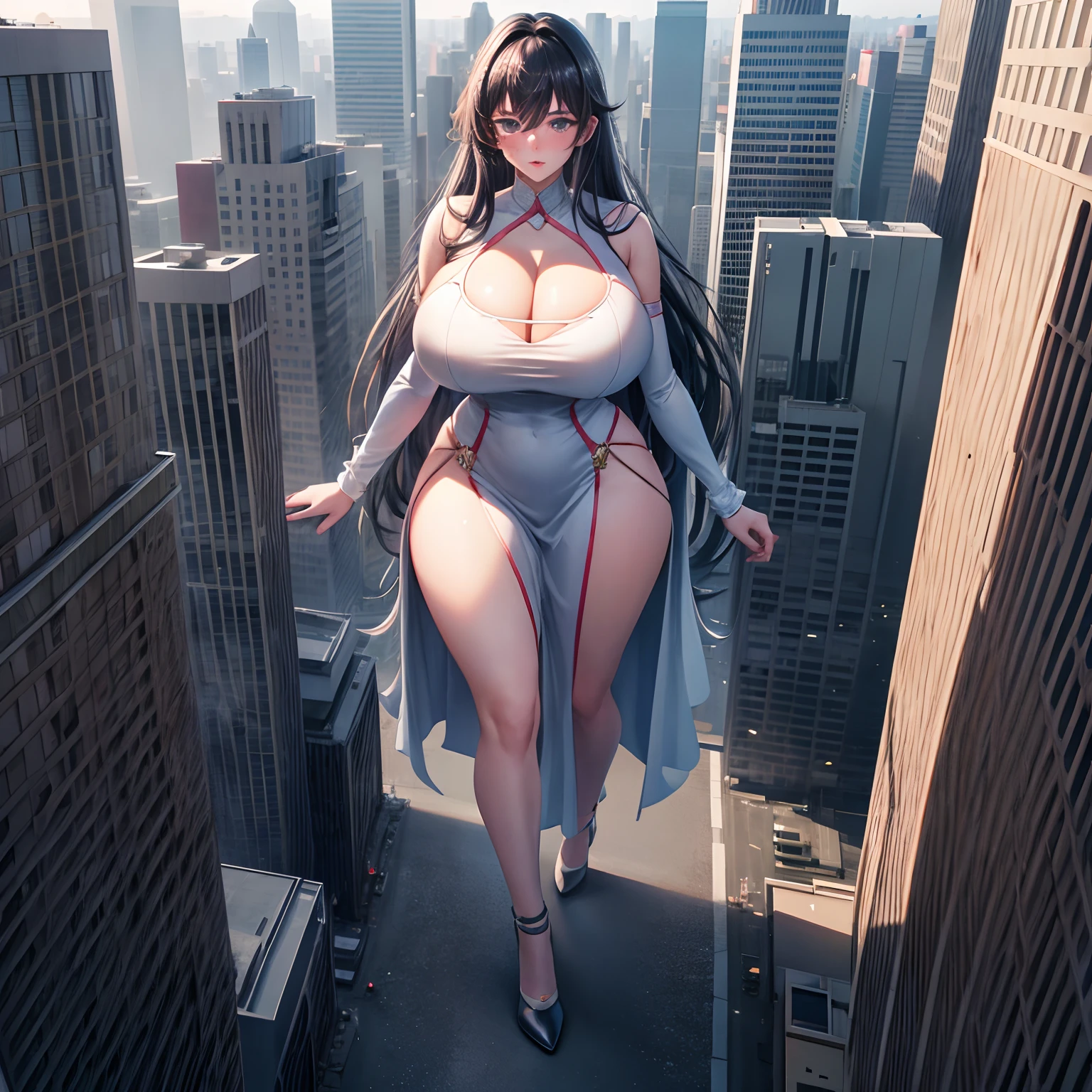 giantess，GtsCity，skyscraper，in city,buildingseat，white wedding dress，briefs，stiletto,(full body photo:1.5)，(extremely Big breasts:1.5)，(Long legs:1.2),Extremely tall girl，Beautiful looks,(GTS:1.5),aerial view，Srampage，full body photo，Black hair, Colored inner hair,  eyeball,look at the camera ，torogao, Light blush, surrealism, expressionistic, Contemporary art, Cinematic lighting, 8K, Super detail, hyper HD, Masterpiece, Anatomically correct, accurate, High details, Best quality, 8K,